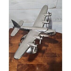 Vintage Chrome 4-Propeller Flying Boat Seaplane Desk Model Airplane Sculpture